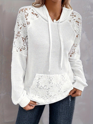 Amazon Autumn Hollow Dentelle Splicing Gentle Style Loose Drawstring Capuche polyvalent femmes