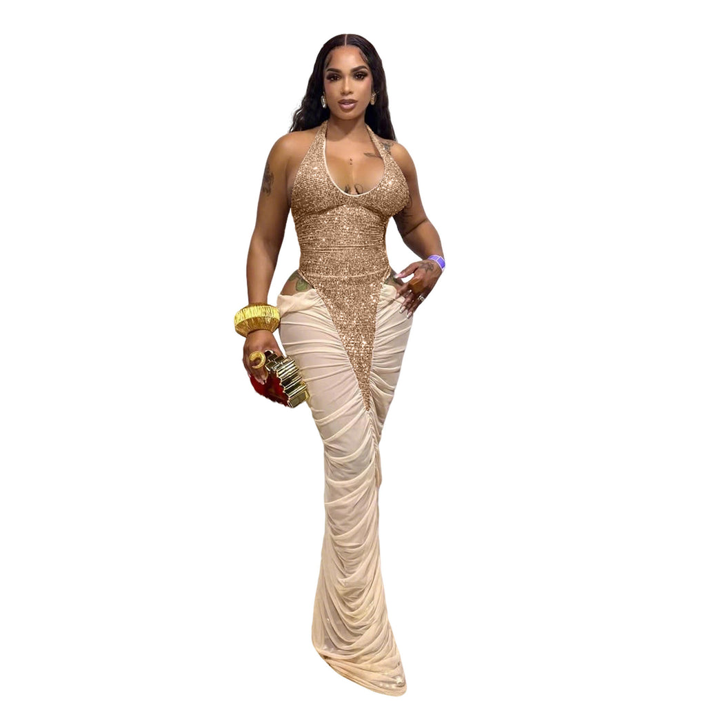 Panneau de maille à haute fente Sequin Halter Gown
