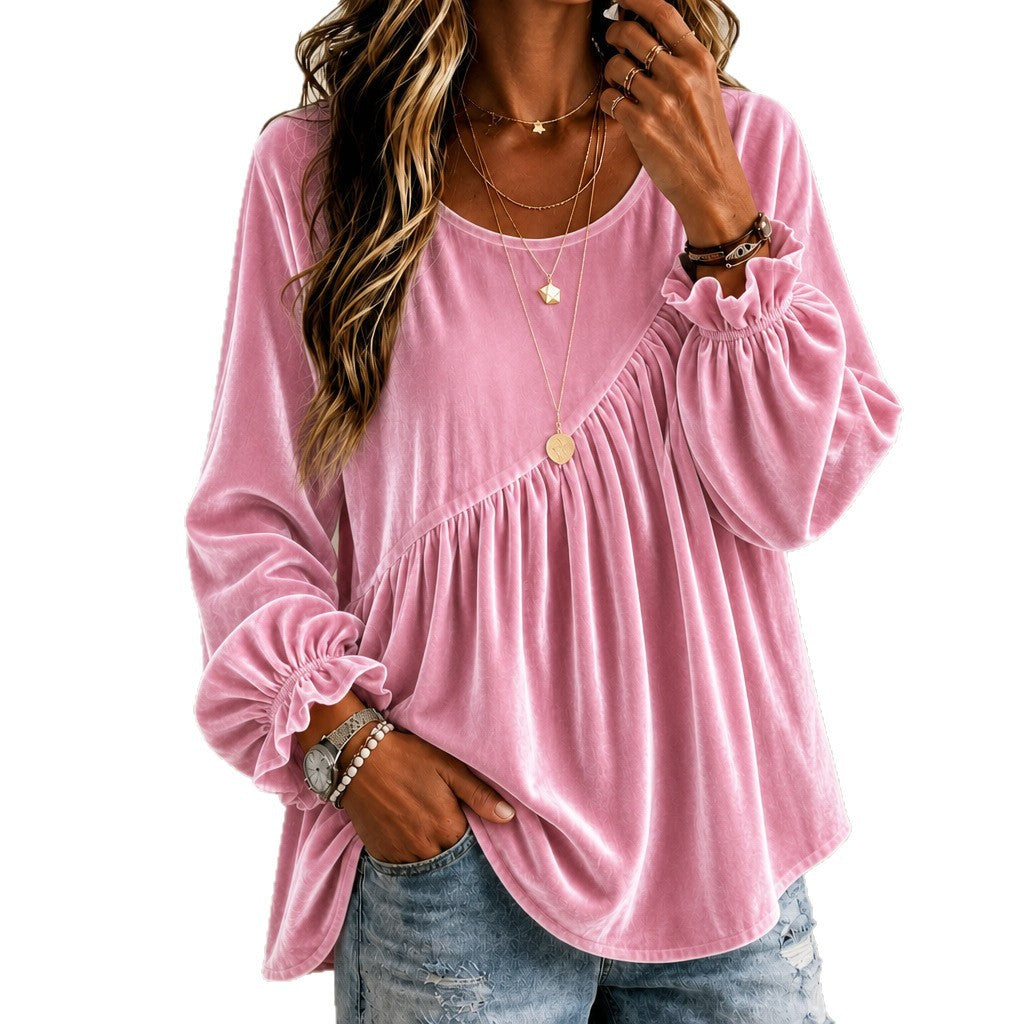 Velours de couleur unie Col d'équipage Manches longues Relaxed-fit Asymétrique Ruffled Top