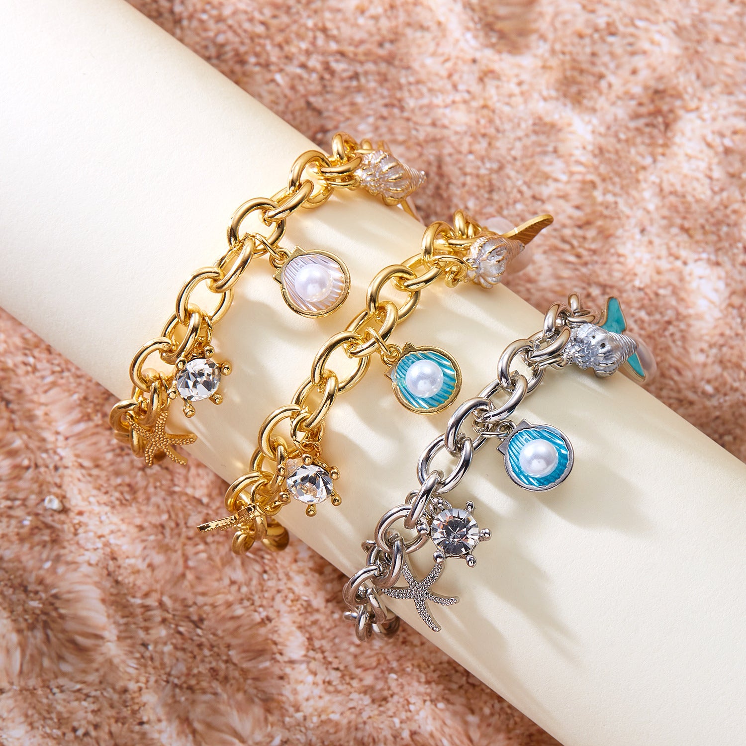 Fashion Femme Starfish Pearl Shell Fishtail Multi-pendent Collier Bracelet