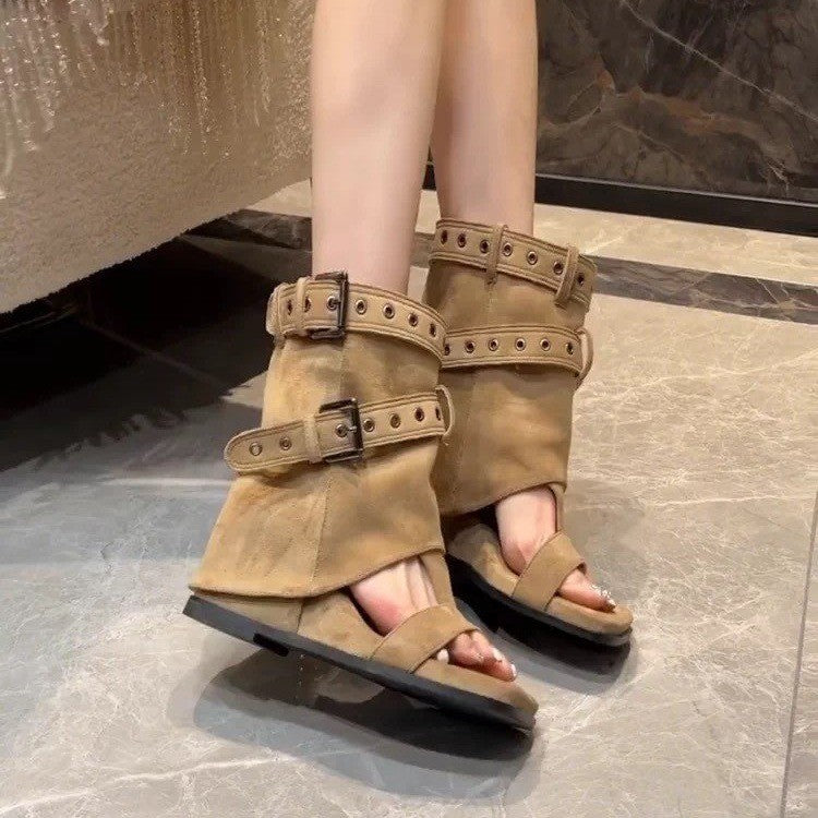 Femmes Vintage Western Y2K Plier sur Flared Suede Sandales de boot Mid Calf Matching Casual Dai