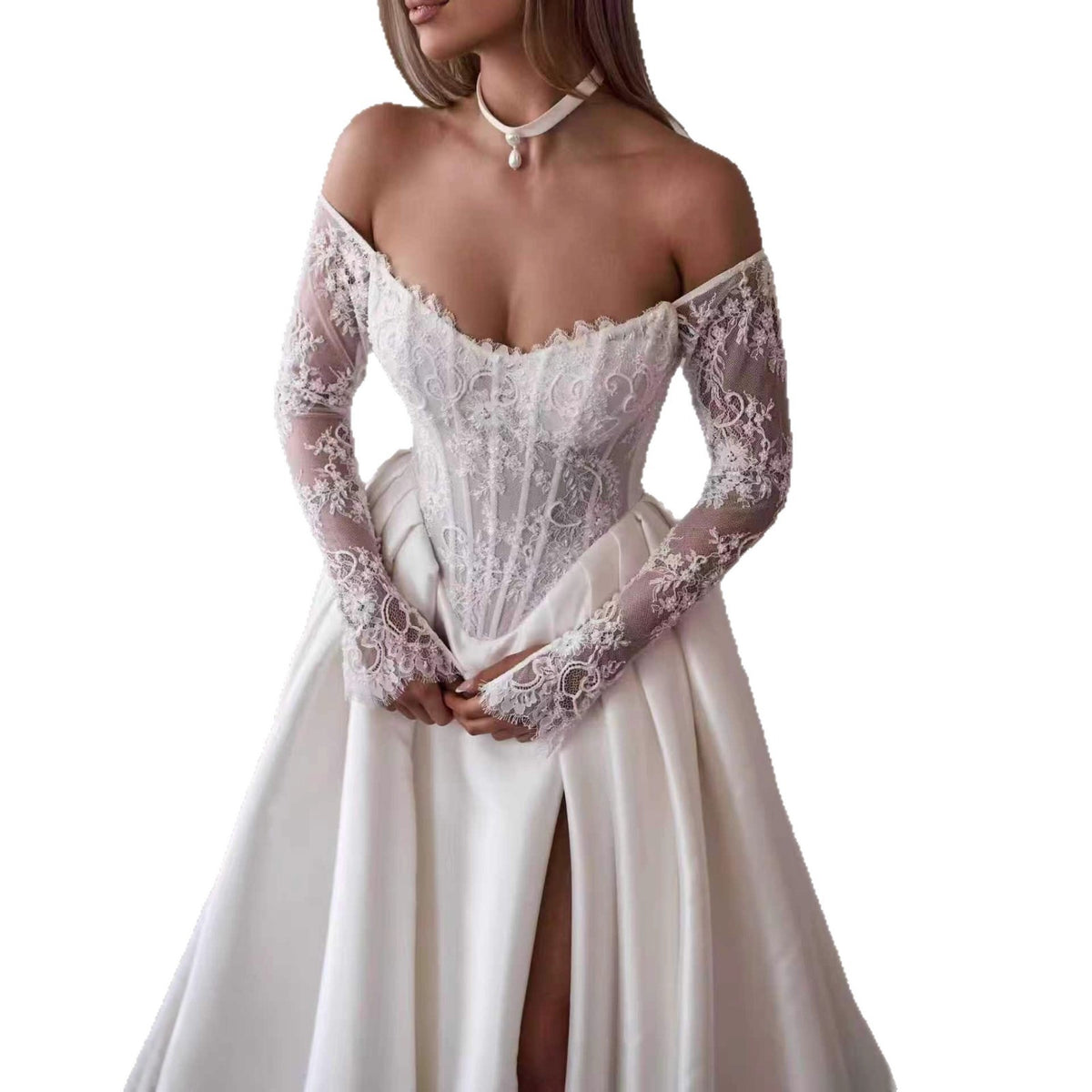 Robe de mariée à manches longues en dentelle à une épaule