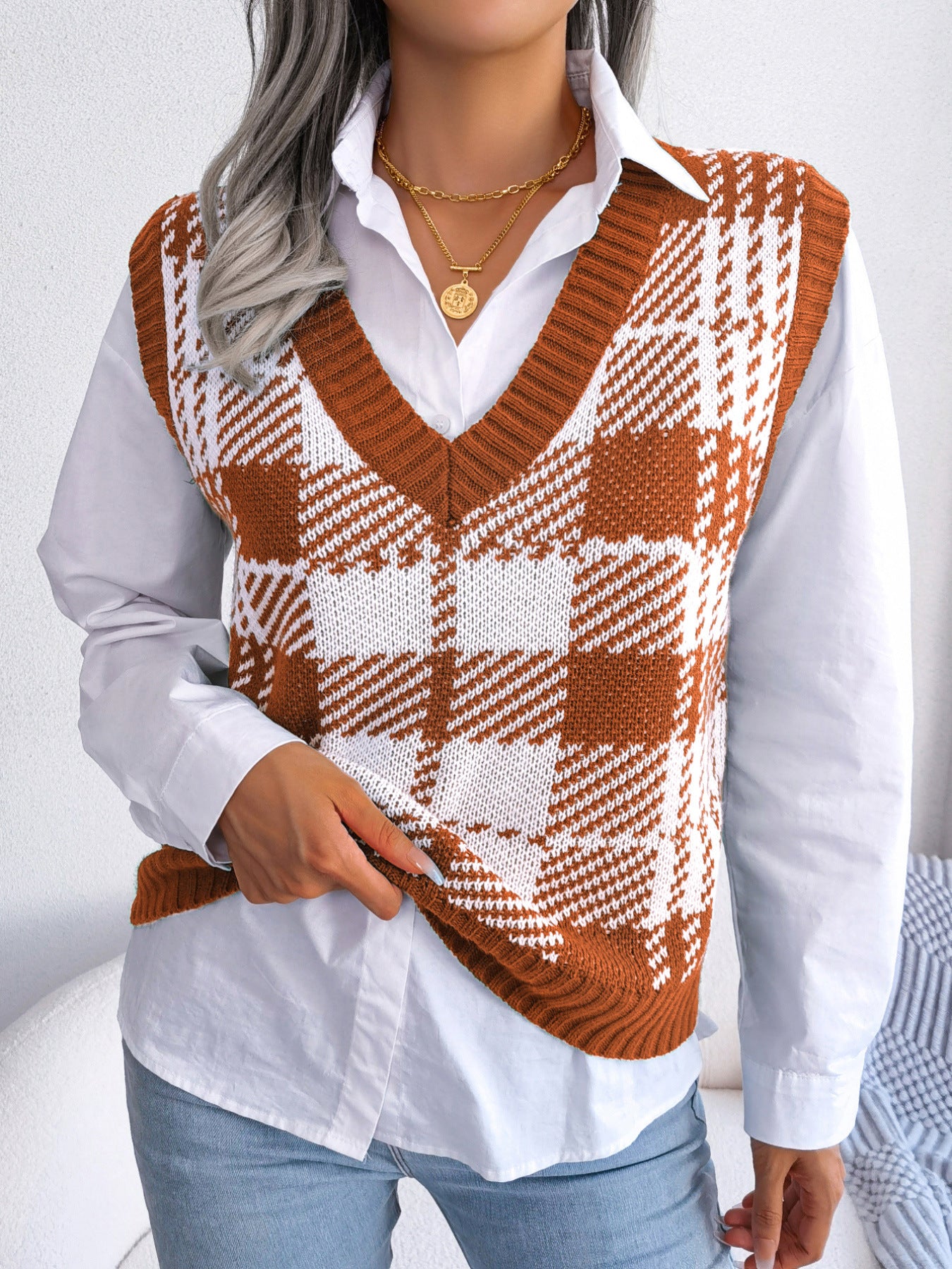 Bloqué de couleur Plaid Veste tricotée Pantoufle pour femmes