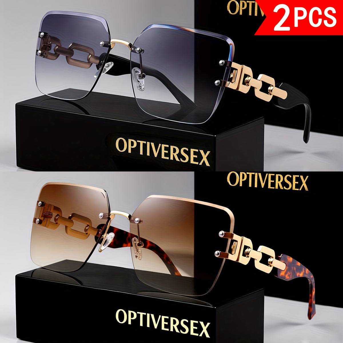 Lunettes de soleil carrées sans cadre 2 PCS pour dames