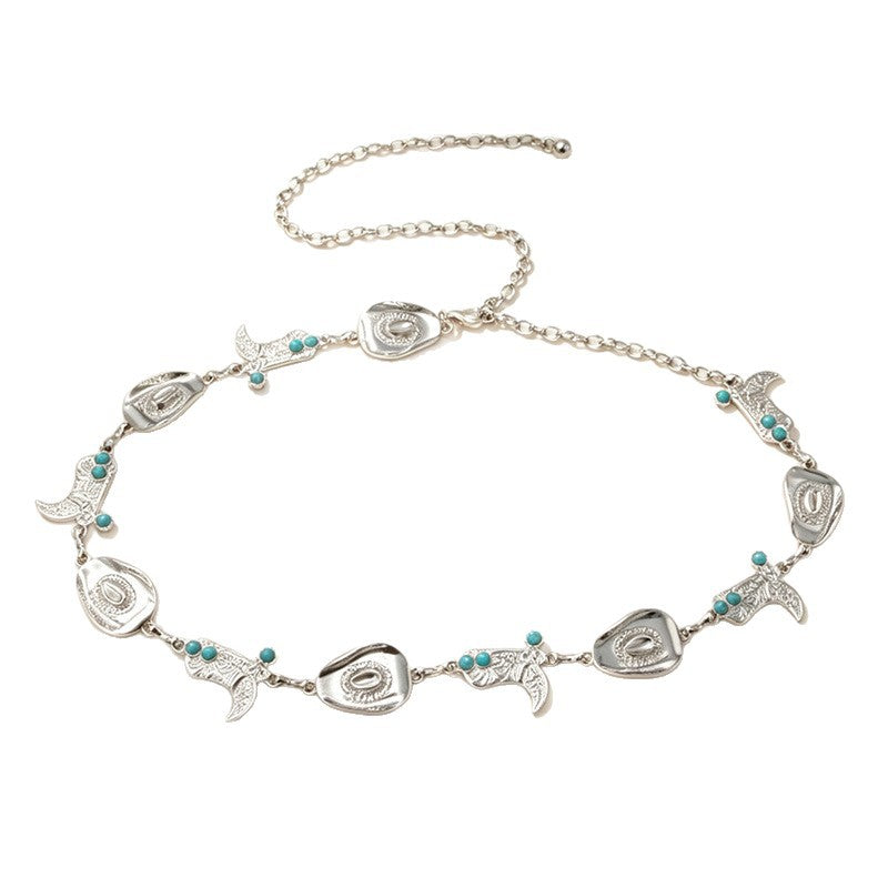 American Western Cowboy Waist Chain avec chapeau en métal turquoise et pendentifs de bottes