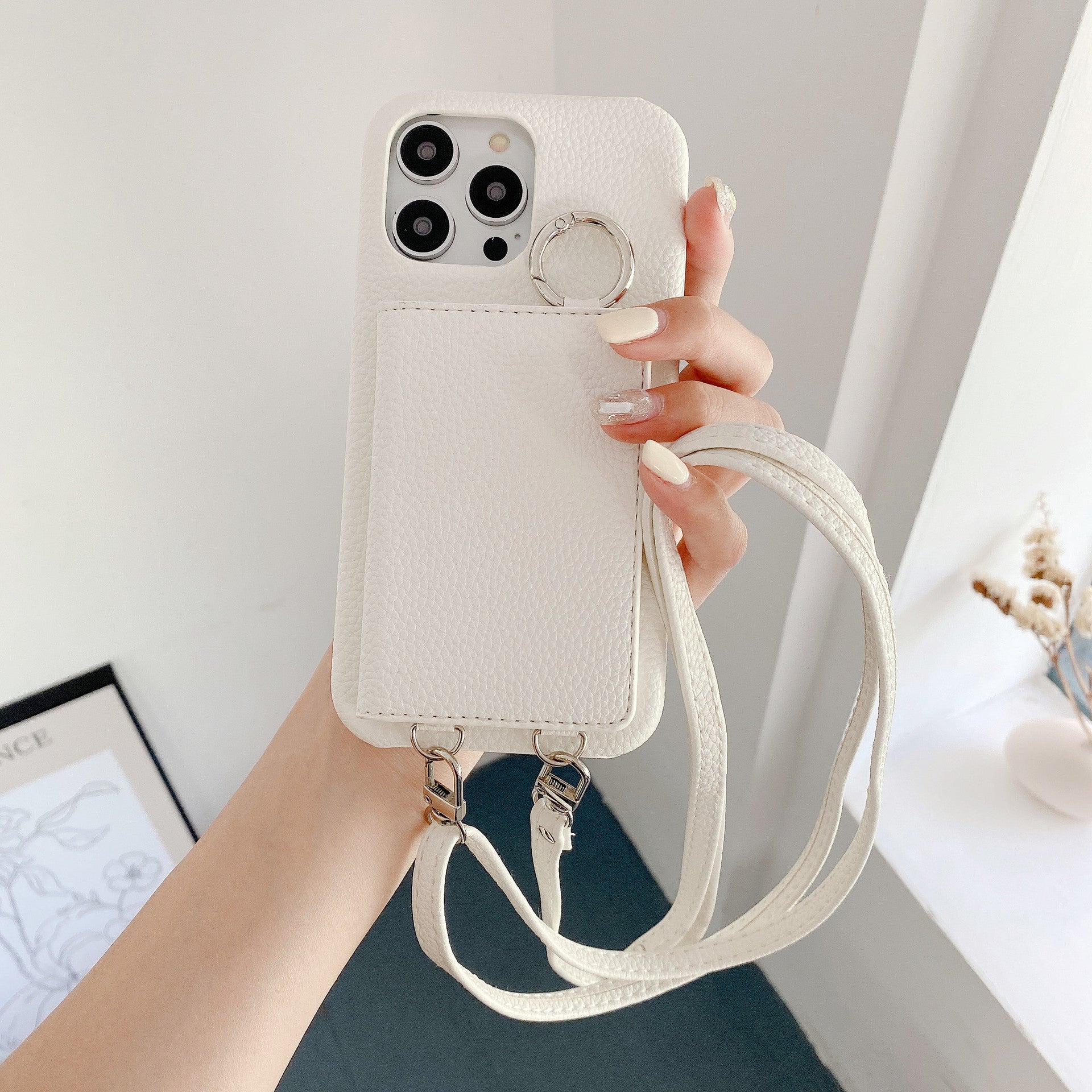 Motif Lychee Gauche et Droite Ouvert Miroir Beauté Étui de téléphone Lanyard