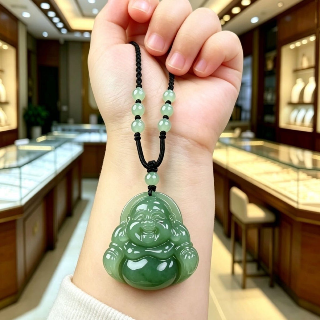 Véritable huile de jade vert de jade pendentif de Bouddha naturel Grande-Bélide Maitreya rire Bouddha Ja