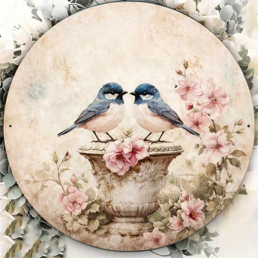 Vintage Bird & Flower Round Sign 8x8in Chinois Style Yard Decor