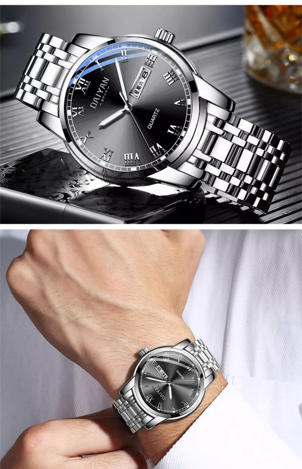 Stainless Steel with Dual Calendar Quartz Waterproof Watch