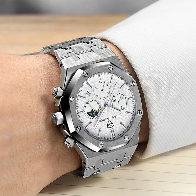 Waterproof Three-Eye Six-Needle Multifunctional Moon Phase Steel Men's S
