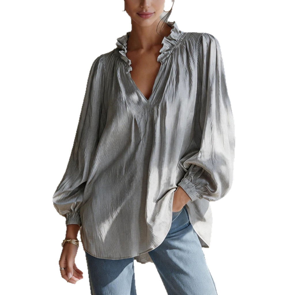 Femmes Casual Ruffled-edge V-neck Blouse à manches de puff