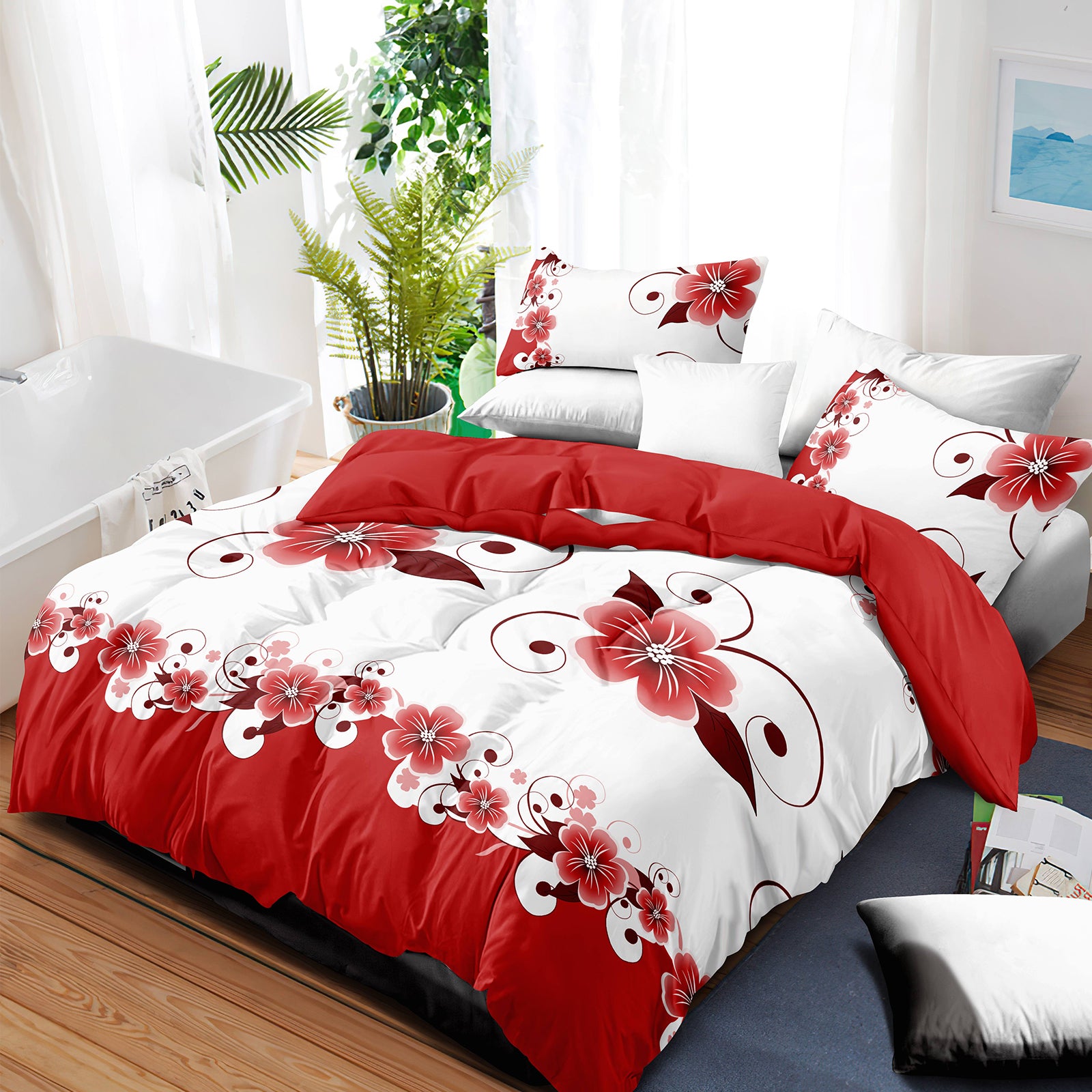 9-Piece rouge et blanc Gardenia Couvercle de couverture pour la Reine