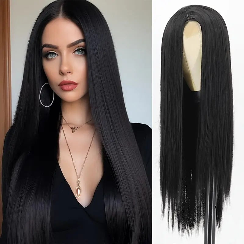 Mid-long Long Cheveux Noir Long Droit Style de perruque quotidienne pleine tête