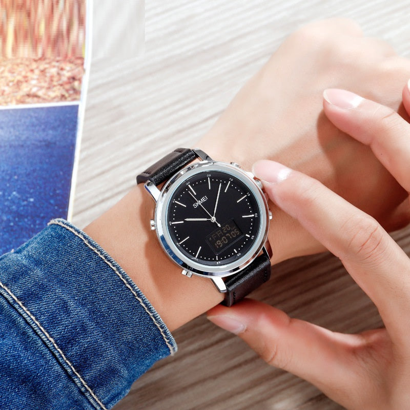 Casual Spiral Sports couronne en cuir alliage rond épingle pointeur mâle montre électronique