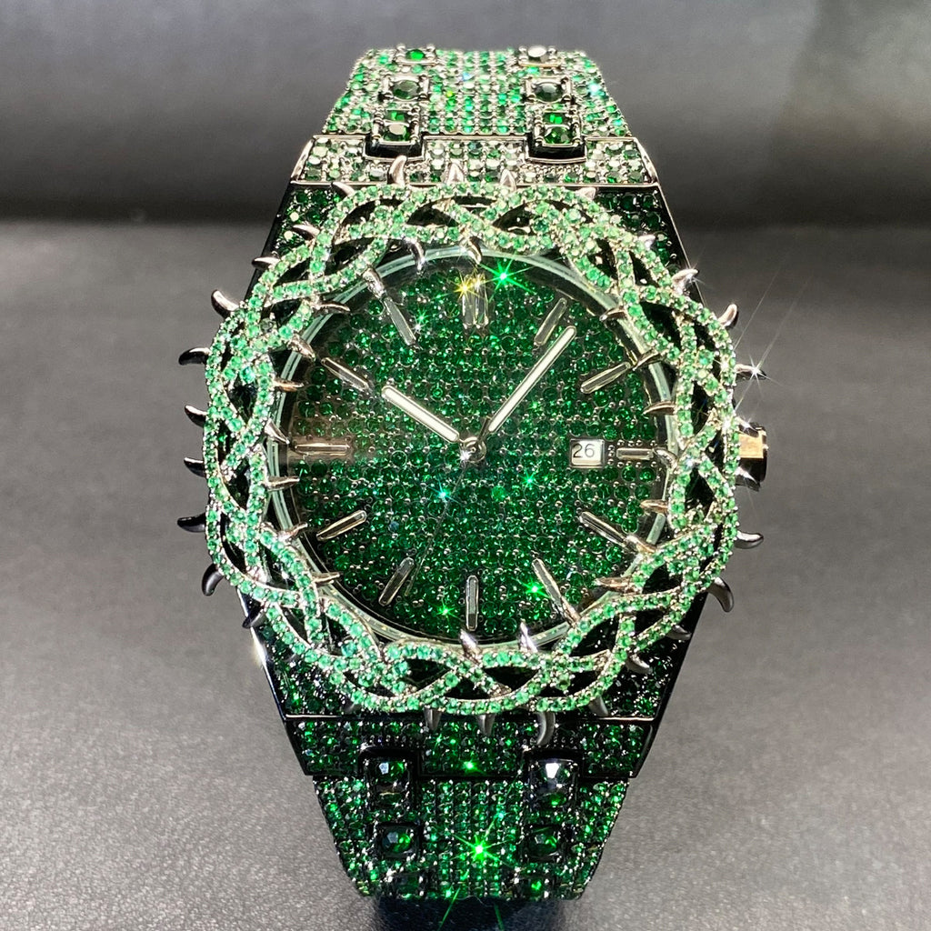 Men's Hip-Hop Watch with Green Zircon Inlays