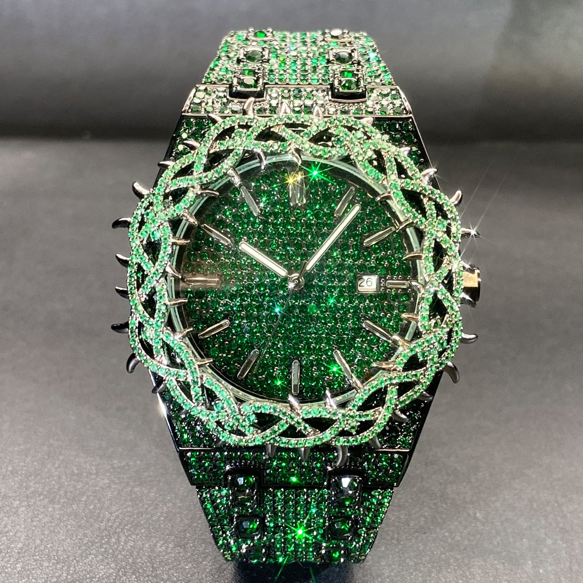 Men's Hip-Hop Watch with Green Zircon Inlays