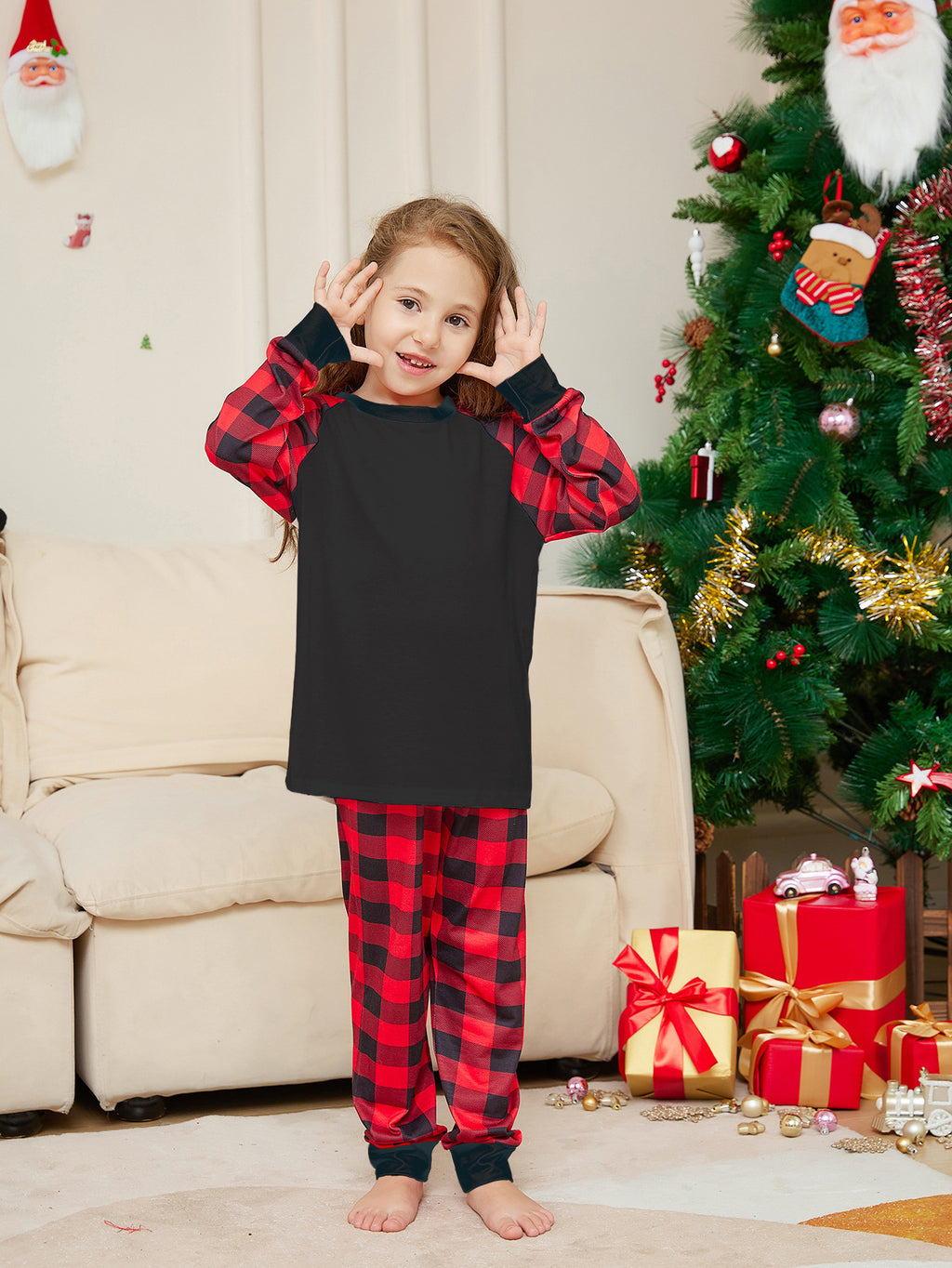 Ensemble de pyjamas imprimés en Plaid de couleur solide de Noël de mode pour femmes