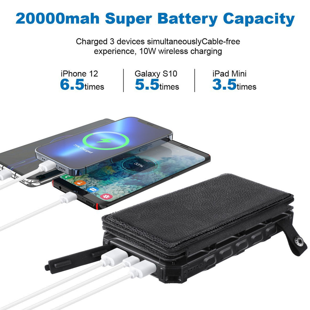20 000mAh Banque d'énergie pliable à énergie solaire avec recharge sans fil