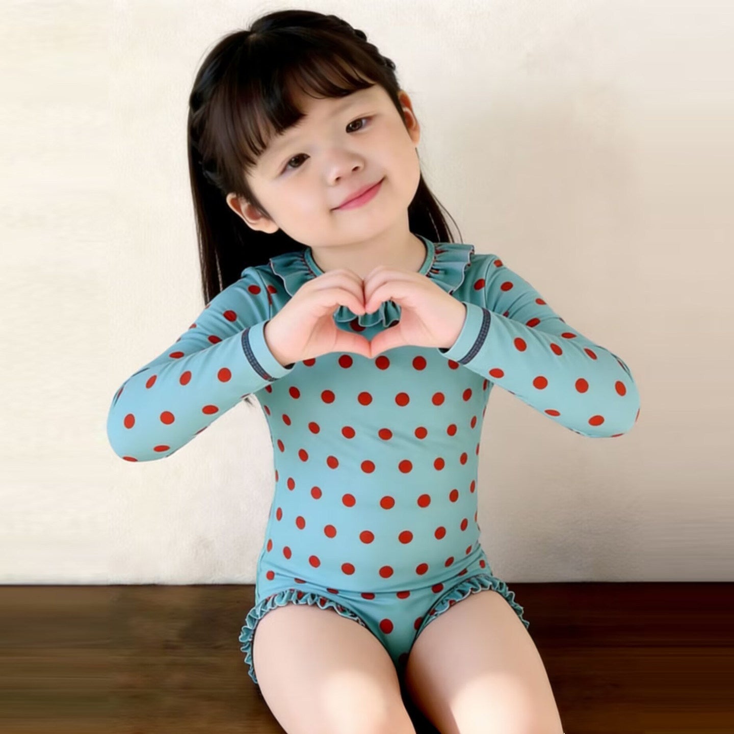 Style Coréen style Retro Polka point Manche longue Une pièce Maillot de bain pour bébés