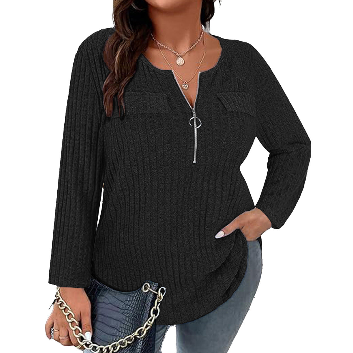 T-shirt casual femme à manches longues col en V
