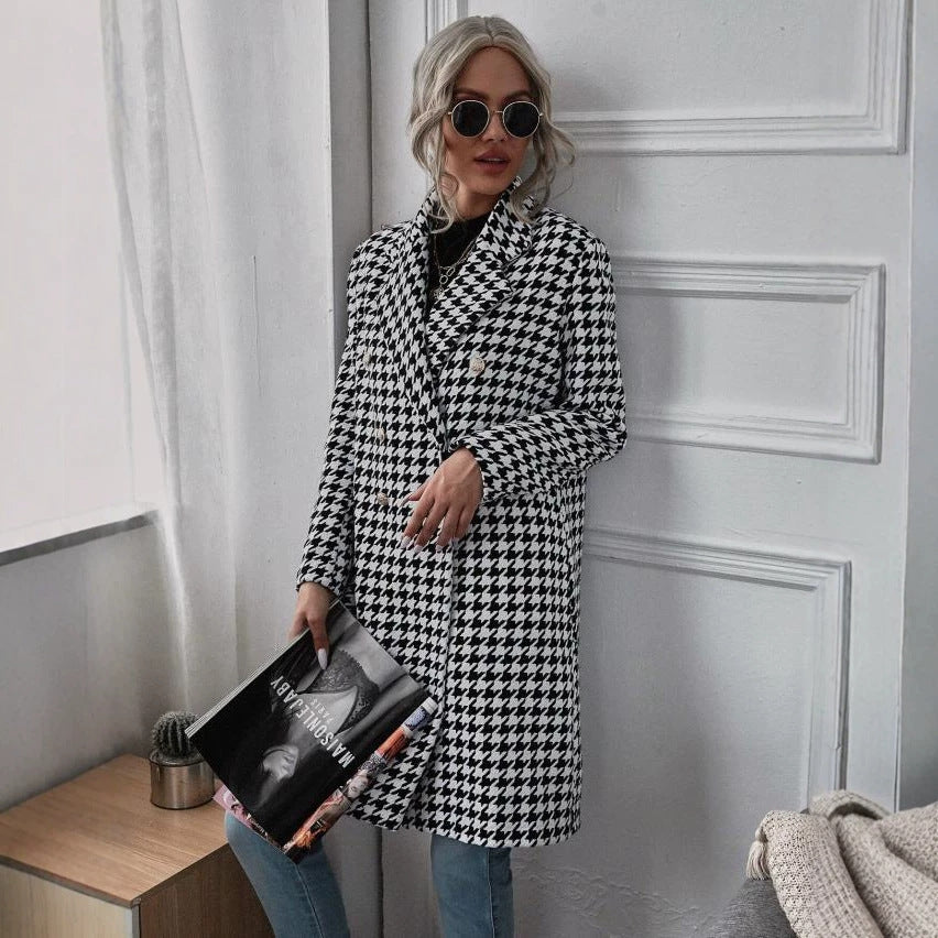 Amazon AliExpress Automne et hiver Mode Houndstooth Imprimer long manteau de laine