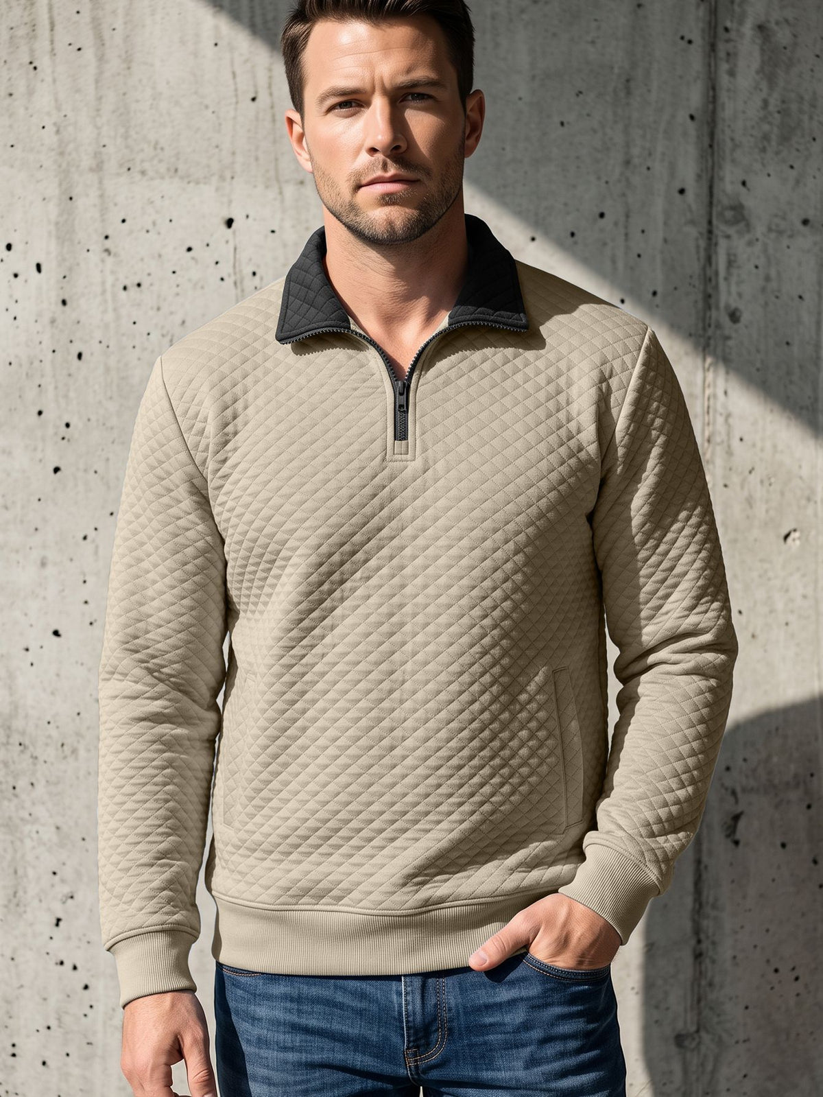 Men's Diamond-Check Half-Zip Stand-Collar Long-Sleeve Sweatshirt