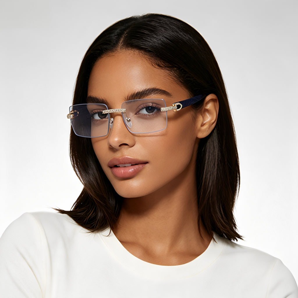Lunettes de soleil homme sans cadre rétro avec bras de temple en bois incrusté de diamant