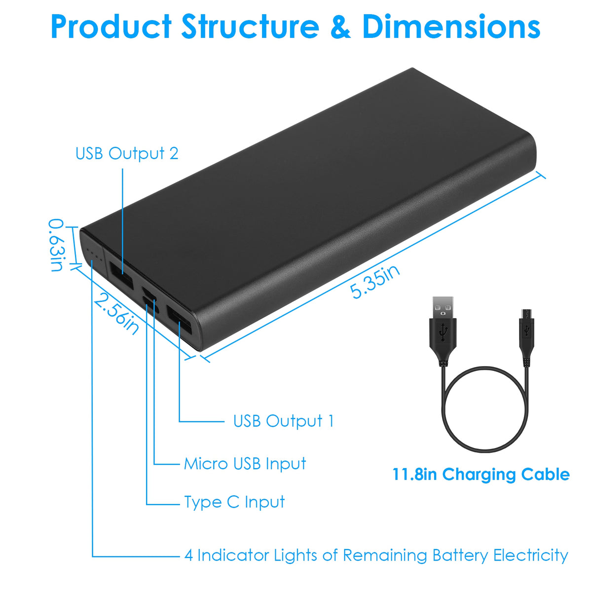 1Pc 20000mAh Power Bank Portable External Battery Charger with Dual USB Output