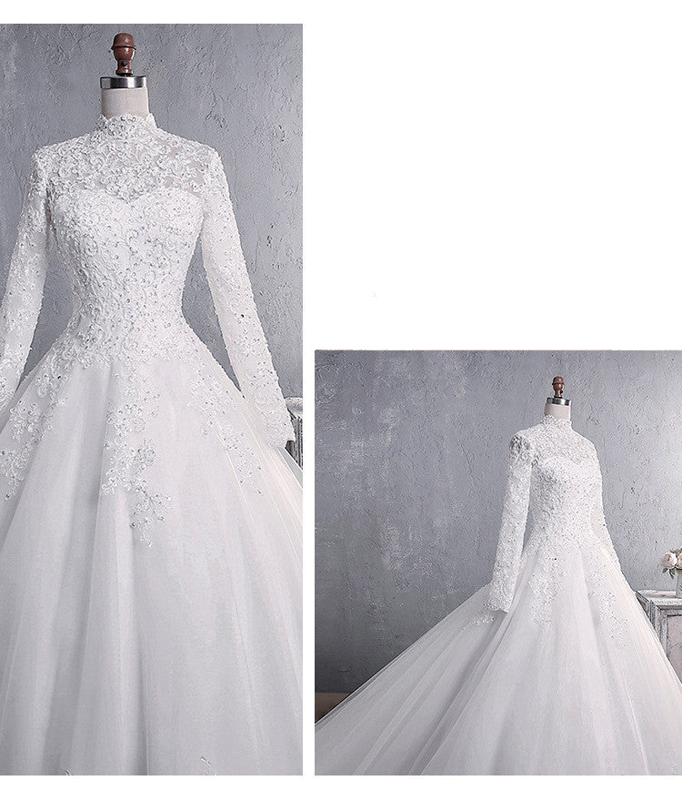Dentelle Robe de mariée Collier à manches longues Grande queue Grande taille