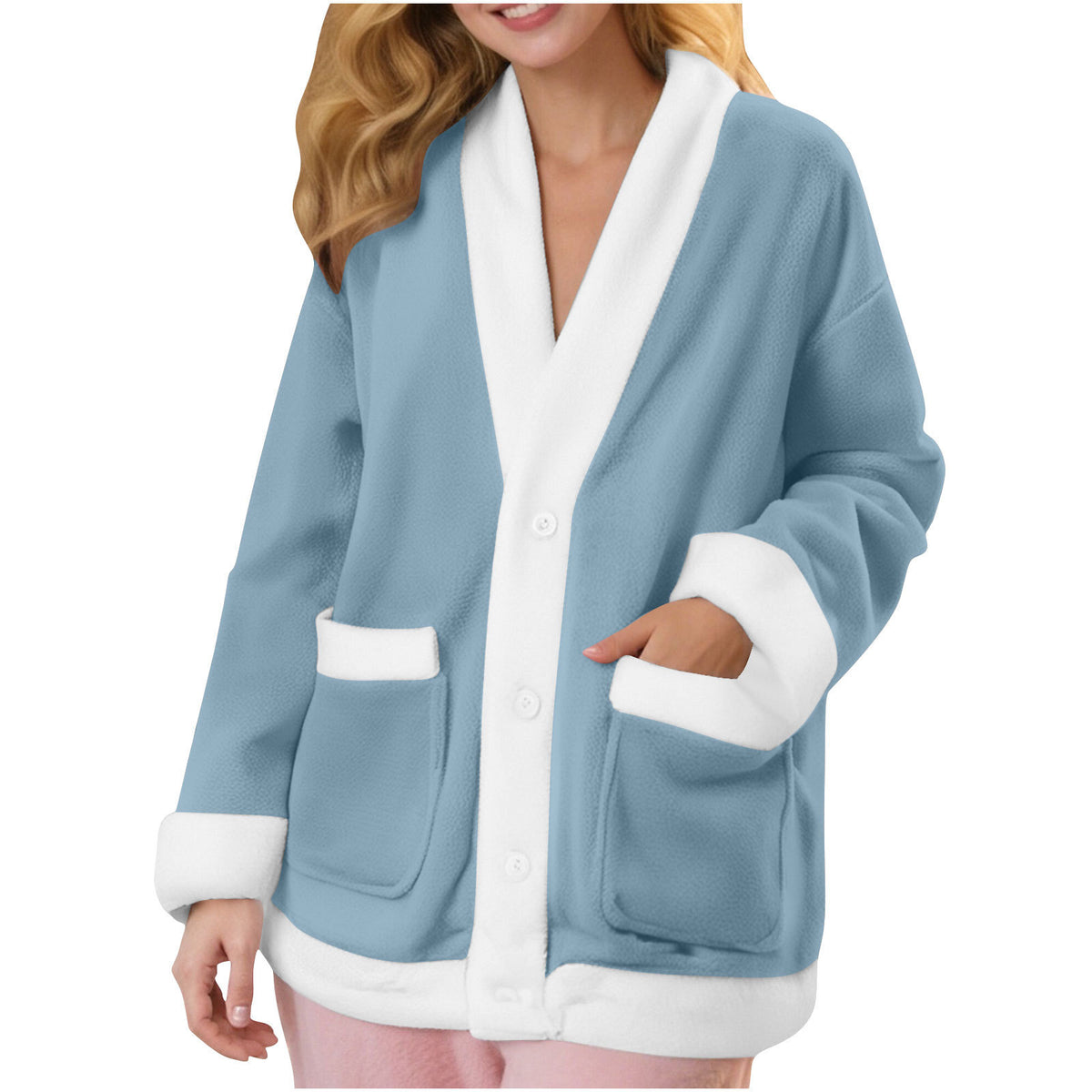 Amazon site indépendant Automne et hiver V-Neck Manches longues Couleur-Block Cardigan Flannel
