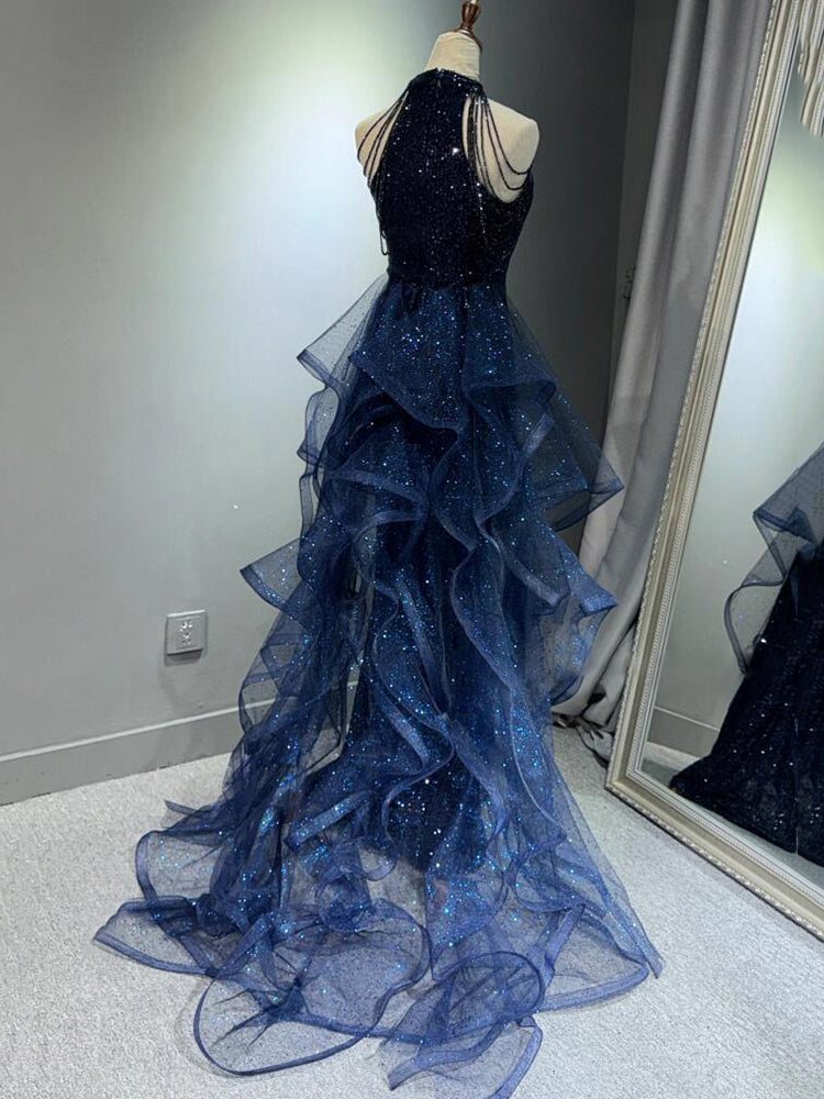 Sequin Halter Perlade Strap Sirène Ruffle Tulle Train Gown du soir