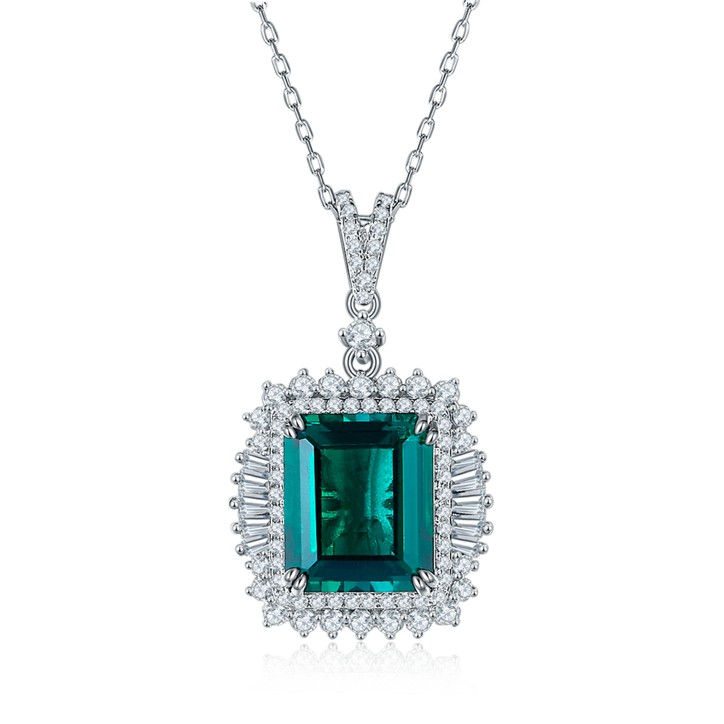 S925 Sterling Silver 10x12mm Lab-Grown Ruby Sapphire Emerald Halo Pendant Necklace
