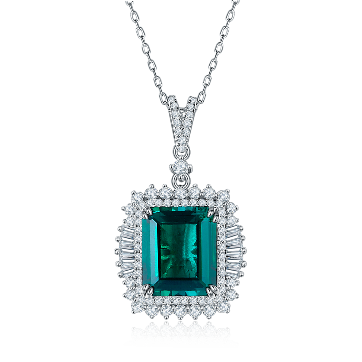 S925 Sterling Silver 10x12mm Lab-Grown Ruby Sapphire Emerald Halo Pendant Necklace