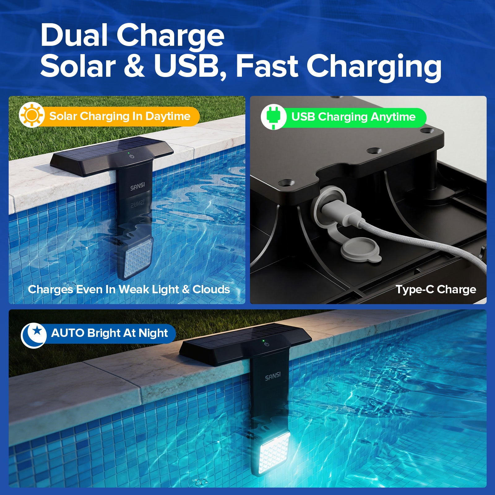 SANSI Solar Poolside RGB Light avec télécommande rechargeable IP68 Waterproof Pool Light pour Ing