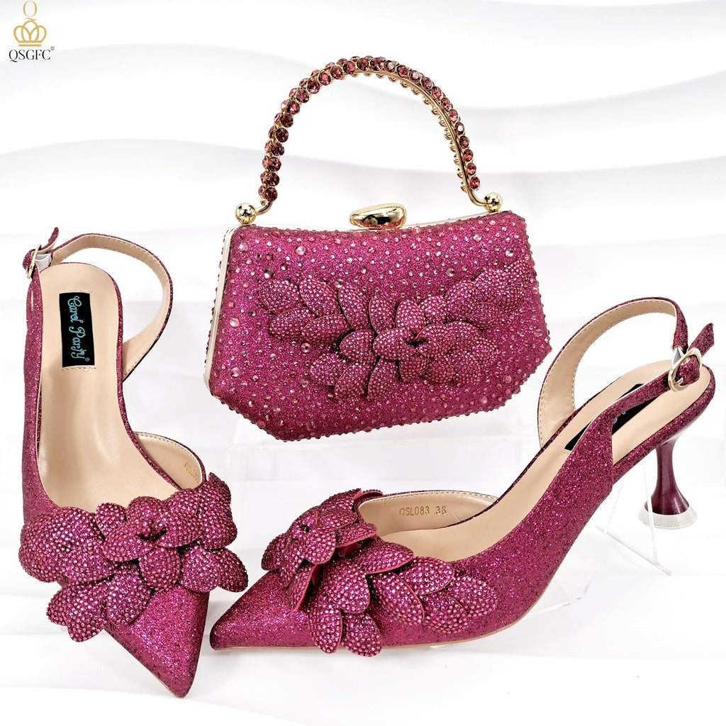 Ladies Party Chaussures Sac Set main feuille décoratif vin talon