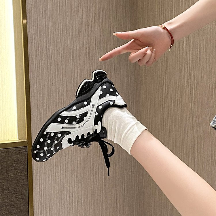Femmes Polka Dot Air Coussin Sneakers Noir Blanc Couleur Bloc Patchwork Haut Rond Toe Sho