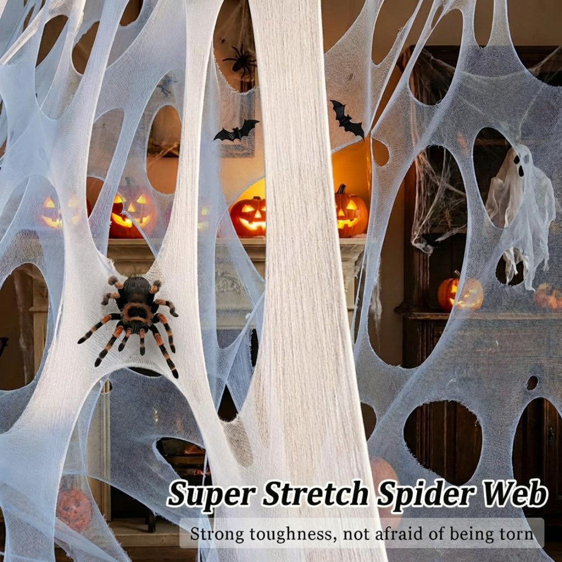 Bricolage géant Halloween Spider Web 450 Ft Stretchable Spider Web avec 10 bâtons au sol