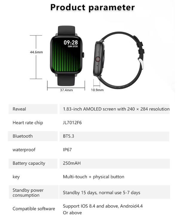 SmartWatch Hommes Femmes1.83inch BT Face fréquence cardiaque Fitness Tracker