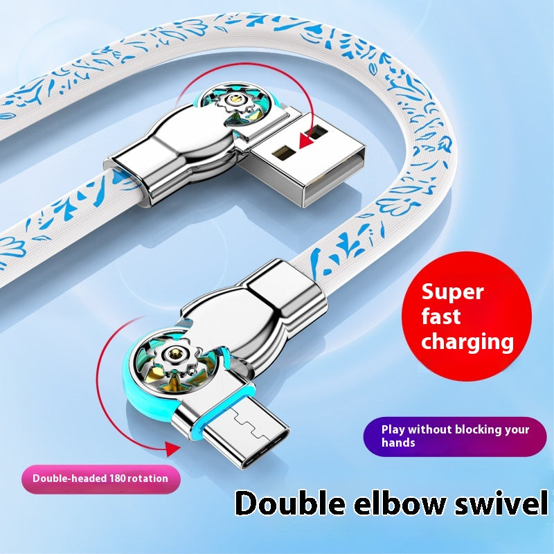 Double câble de données à charge rapide en porcelaine bleue rotative et blanche