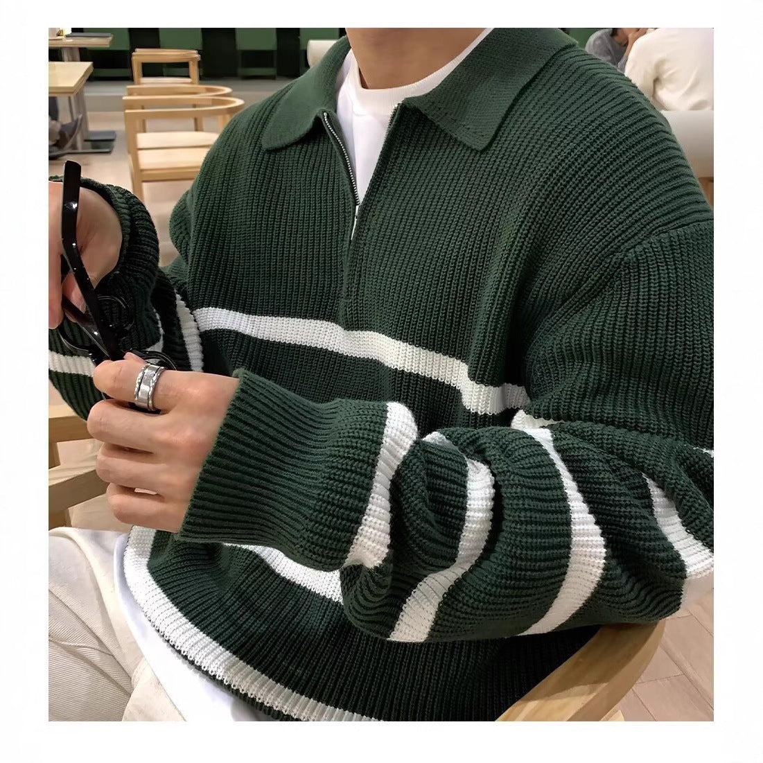 Trendy marque rayé manches longues hommes Retro coupe demi-zip
