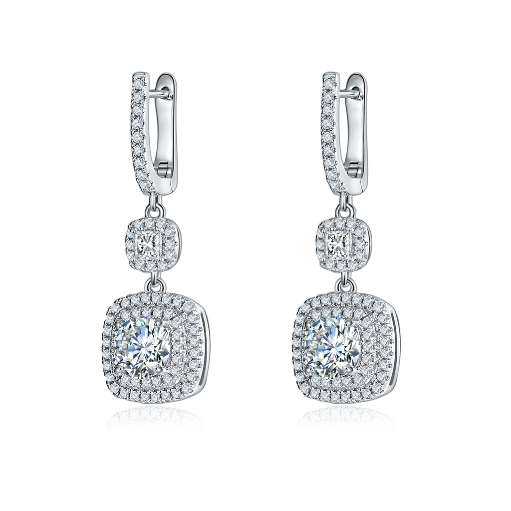 S925 Sterling Silver Double Halo Drop Cushion Cut Earrings