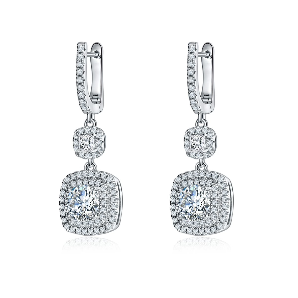 S925 Sterling Silver Double Halo Drop Cushion Cut Earrings