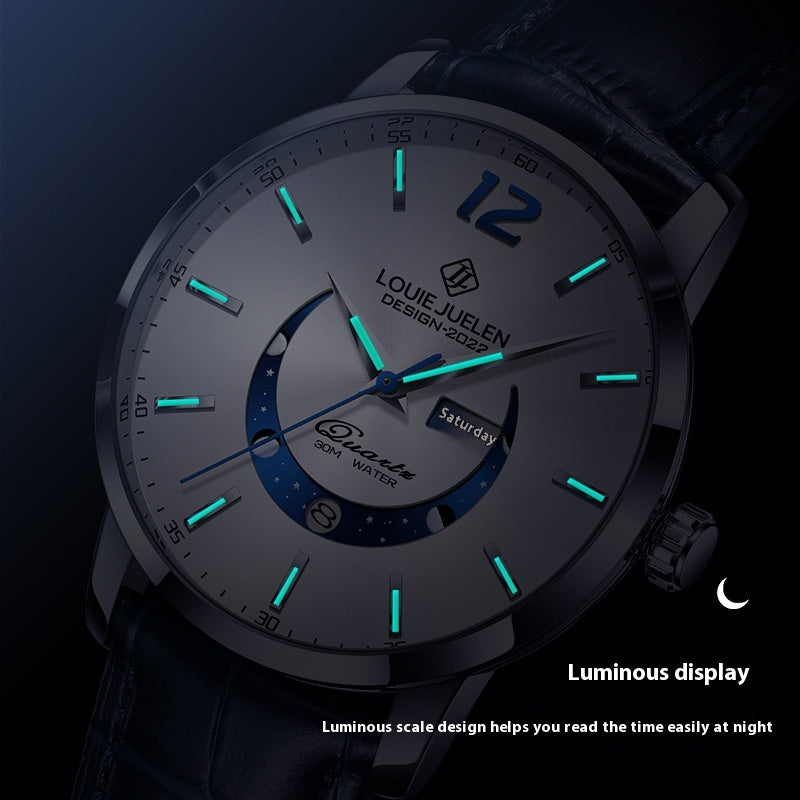 Master Moon Phase Luminous Waterproof Wrist Watch La mode masculine véritable bracelet en cuir