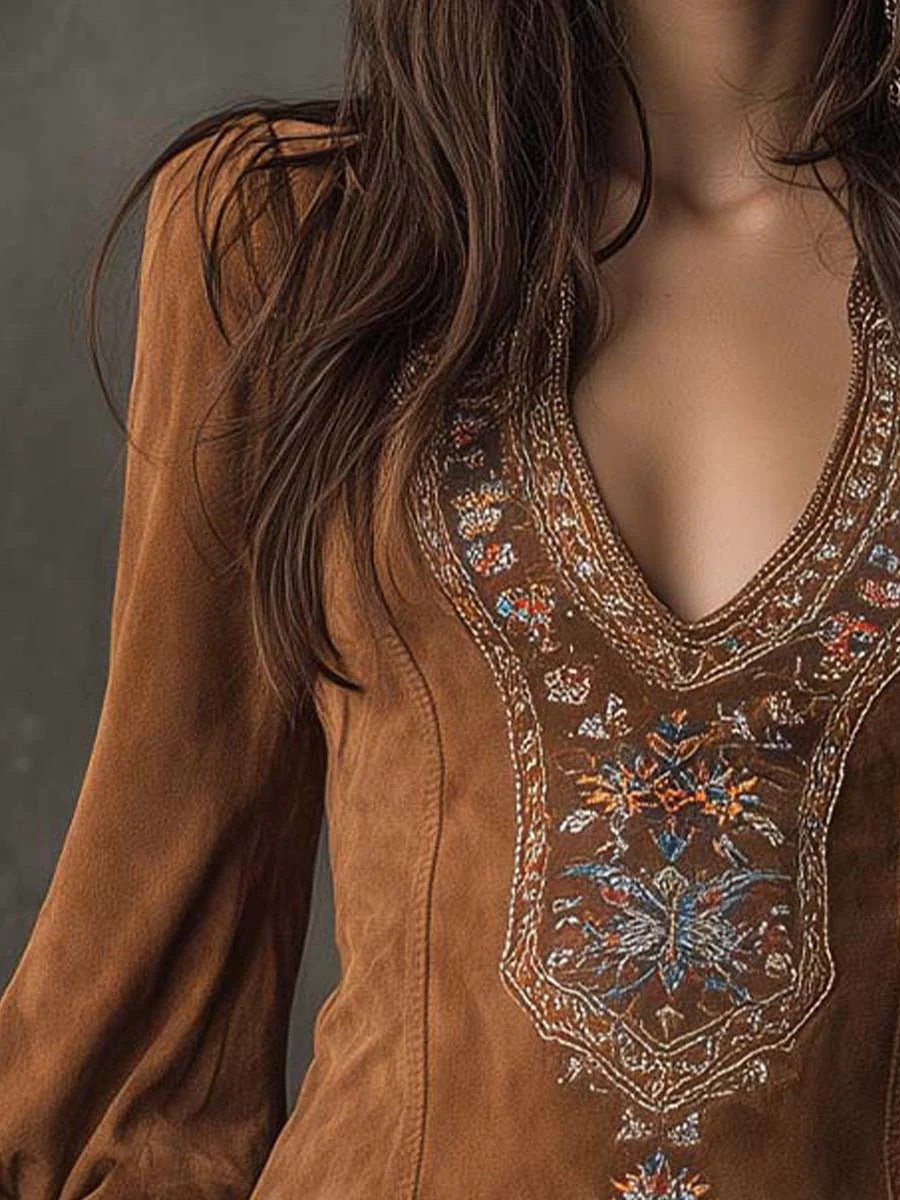 Printemps Été Européen et Américaines Manche Long V Col Robe Sexy Brodée Dres