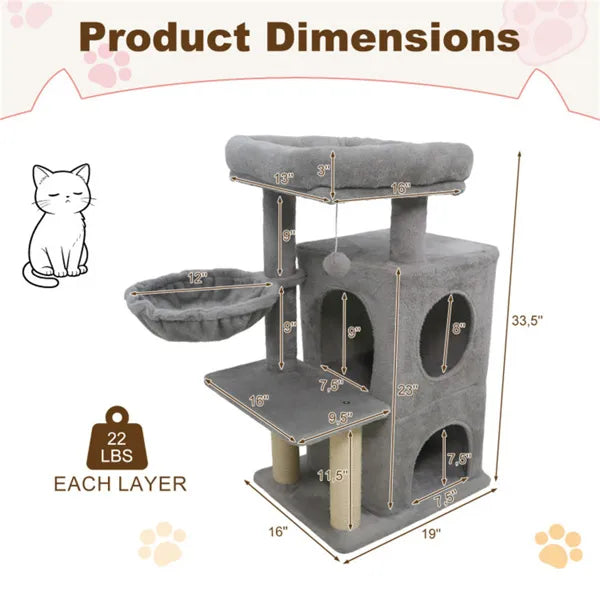 Light Gray 33.5" Multi-Level Cat Tree with 2-Story Condo