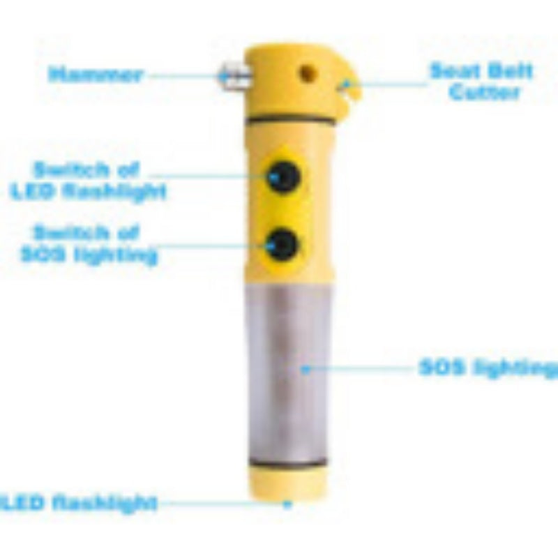 Hammer multifonctionnel rouge et jaune pour la sécurité automobile avec lampe de poche