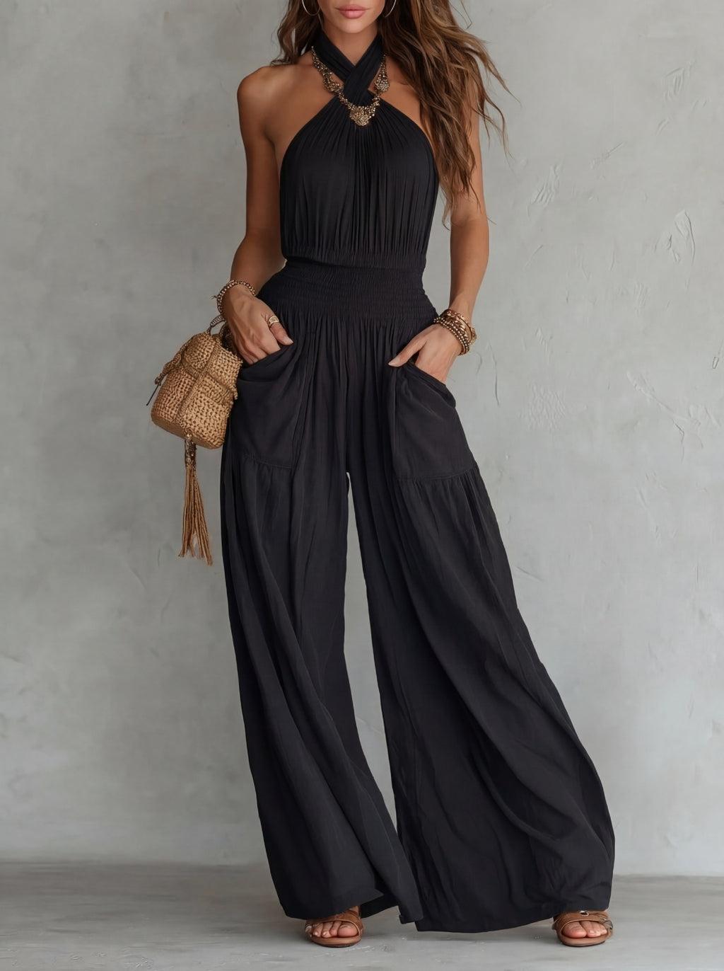 Cross border Women Vêtements Export Bohemian Style Backless Sleeveless Large Leg Jumpsuit Wi