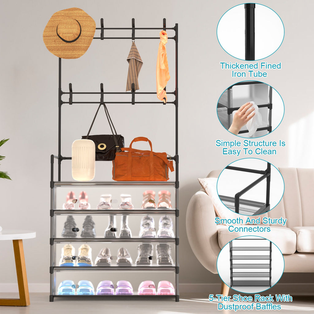 1Pc 5plus résistant à la poussière Hall d'entrée Tree Rack Rack de chaussures avec 8 crochets amovibles Freestan