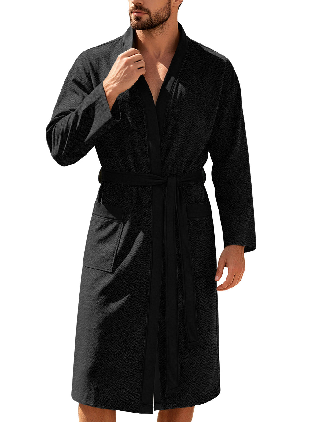 Hommes Twill Terry Cloth Casual Robe longue avec deux poches et cordon de serrage