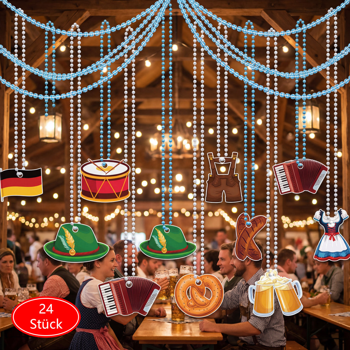 Ensemble de fournitures de fête Oktoberfest 48 pièces : 24 chaînes de perles bleues et blanches et 24 ornements feutres